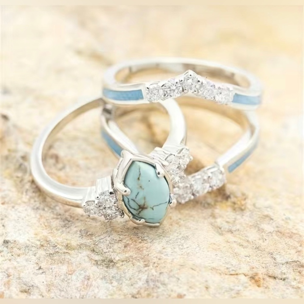 3Pc Silver Turquoise Ring Set Moissanite Stone Women Christmas Gift - Picture 4 of 5
